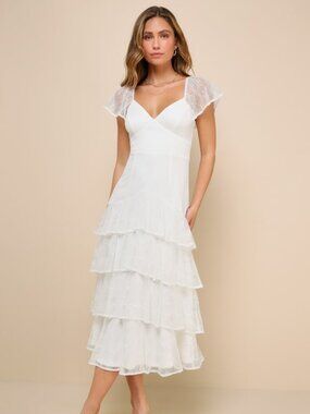 Lulus Graceful Darling White Lace Flutter Sleeve Tiered Midi Dress - Size M